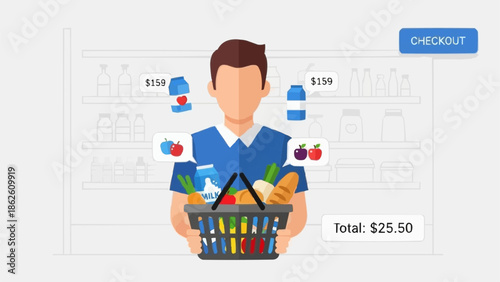 Man holding a shopping basket full of groceries with prices displayed.
