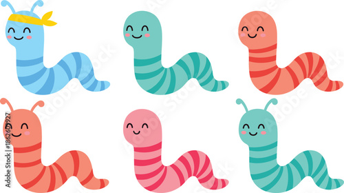 Cute worm cartoon vector illustration set with colorful smiling characters in playful flat style