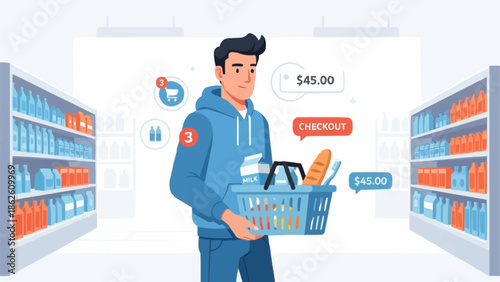 Man holding shopping basket in a supermarket aisle.