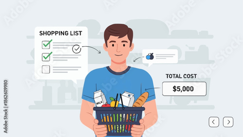 Man Holding Shopping Basket With Groceries And Shopping List.