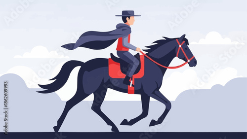 Man in cape riding a black horse with red saddle.