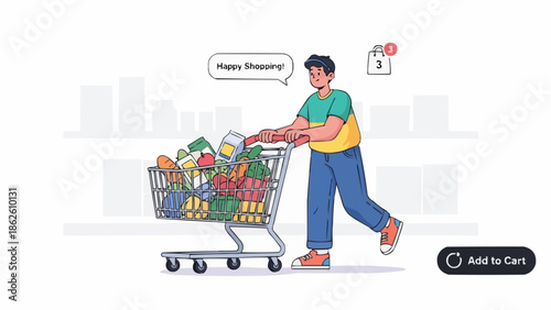 Man Pushing Full Shopping Cart with Groceries and Products.