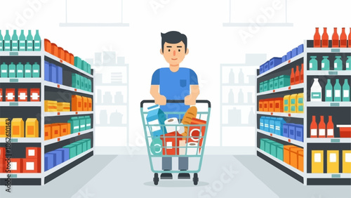 Man Pushing Shopping Cart Full of Groceries Down Supermarket Aisle.