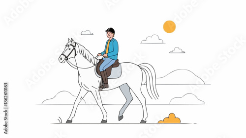 Man riding a white horse in a stylized landscape.