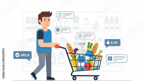 Man Pushing Shopping Cart Full of Groceries in Supermarket.