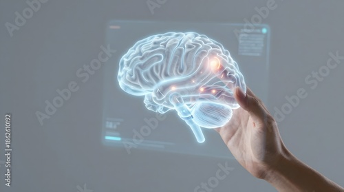 A hand interacts with a transparent digital display showing a glowing brain diagram