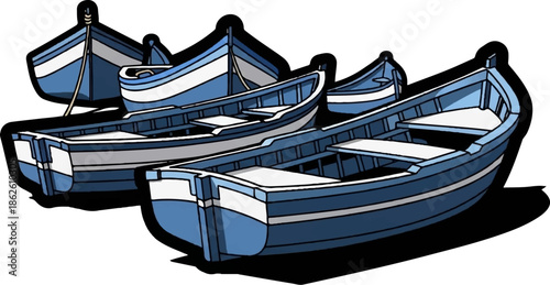 A cluster of stylized blue and white wooden rowboats with black outlines on a white background
