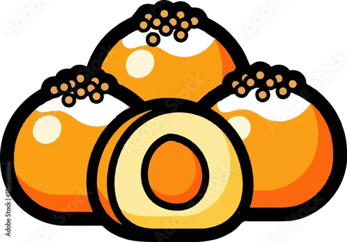 A cluster of stylized orange and yellow dessert-like objects, one sliced, with granular toppings