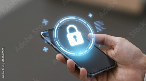 A person holds a smartphone with a digital lock symbol on the screen, representing secure and protected data