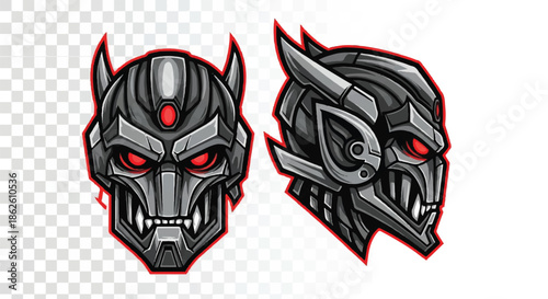 Red Eyed Mecha Robot Heads Illustration for Gaming Logo Design