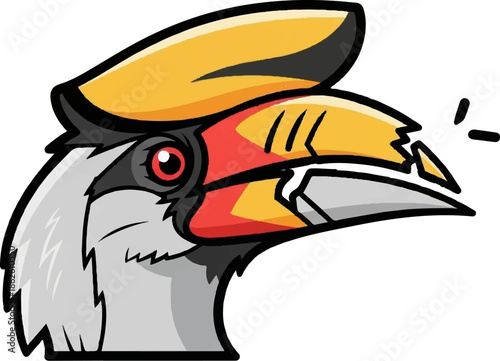 A colorful cartoon illustration of a bird's head with a large yellow beak that appears to be broken off