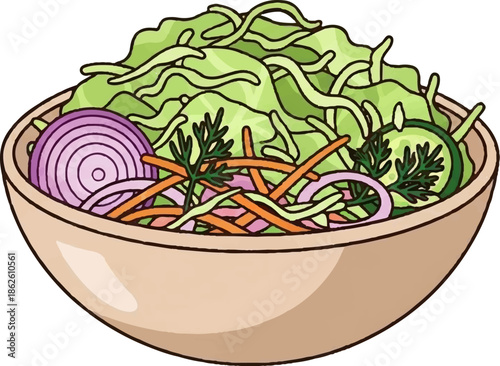 A colorful cartoon illustration of a healthy salad bowl brimming with fresh mixed greens and vegetables