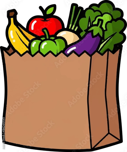 A colorful cartoon illustration of various fresh fruits and vegetables in a brown paper grocery bag