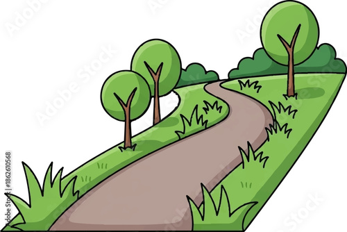 A colorful cartoon illustration depicting a winding path through a green landscape with trees and bushes