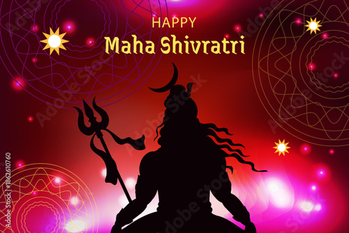 Meditating Shiva, silhouette, deity with trident and
crescent moon. Vector illustration of Hindu festival.