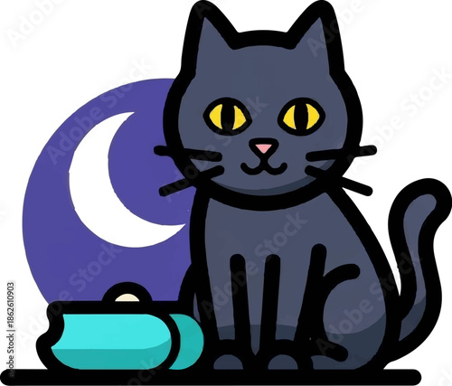 A cute cartoon black cat with yellow eyes sits next to a blue bowl and a white crescent moon