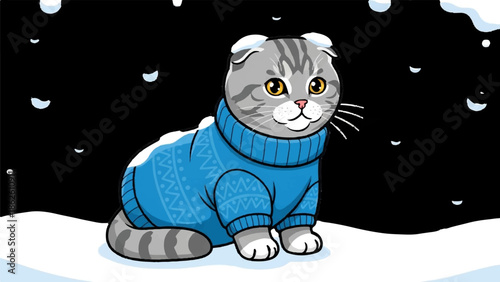 A cute cartoon gray tabby cat with folded ears wearing a blue patterned sweater in a snowy, dark winter scene