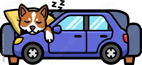 A cute cartoon dog with a pillow sleeping peacefully inside a purple car, parked on a comfy couch