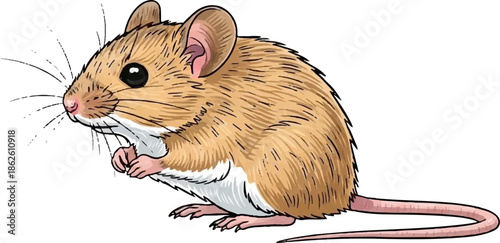 A cute cartoon illustration of a small, tan field mouse with big eyes, tiny paws, and a long tail