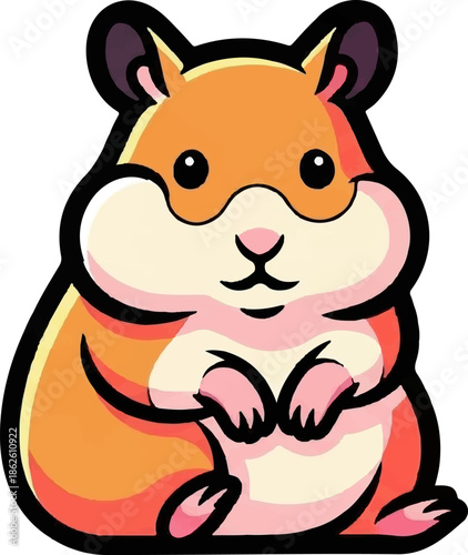 A cute cartoon hamster with orange and pink fur, black eyes, and a small pink nose, standing upright