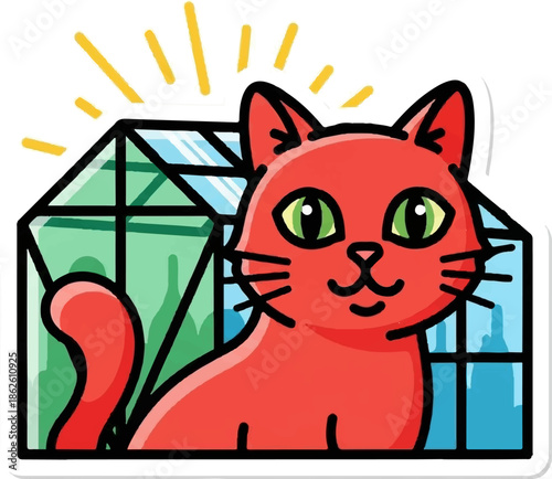 A cute cartoon red cat with green eyes peeking from behind a geometric glass structure, emitting shine