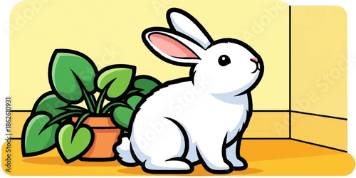 A cute cartoon white bunny sits beside a potted green plant in a bright yellow room with orange floor