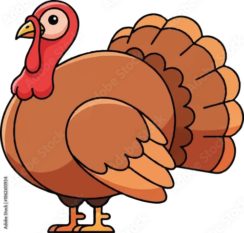 A cute cartoon turkey stands sideways, featuring brown feathers, a red head, and a yellow beak