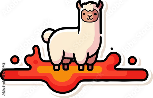 A cute, cream-colored cartoon llama stands on a vibrant, wavy red and orange abstract shape