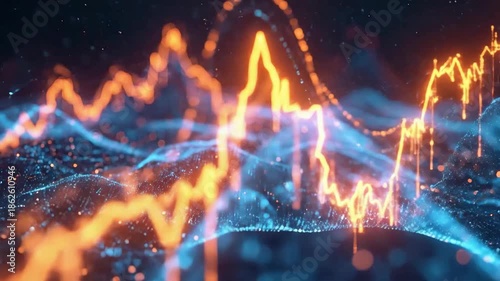 Abstract financial chart with upward trending orange line in a blue digital space.