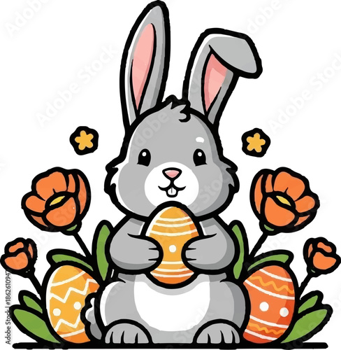 A cute gray bunny holds an orange decorated egg, surrounded by vibrant flowers and more festive eggs