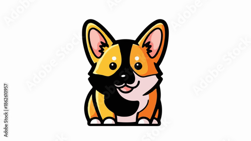 A cute, happy cartoon dog with a split-color face and perky ears sits smiling on a white background