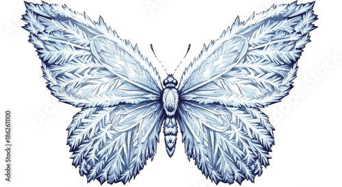 Symmetrical illustration of a butterfly with translucent crystalline wings and fine details