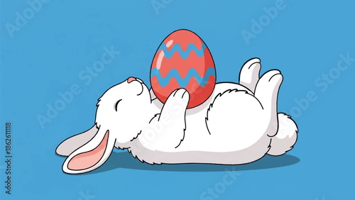 A cute white rabbit lying on its back, holding a vibrant red and blue patterned egg against a blue background