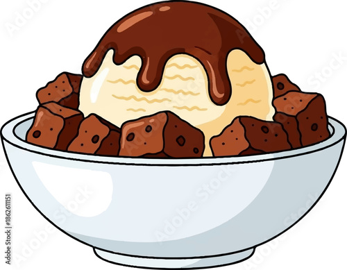 A delightful cartoon illustration of a vanilla ice cream scoop topped with chocolate sauce and brownie chunks in a white bowl