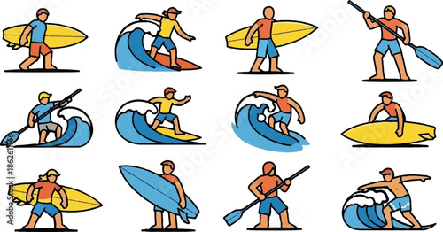 A dozen cartoon illustrations of people enjoying water sports, surfing and paddleboarding on waves