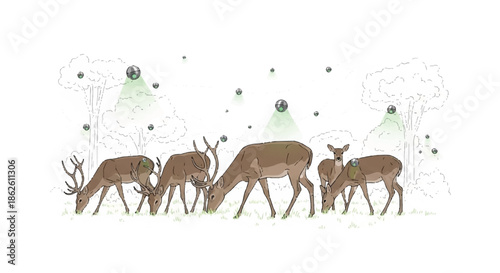 Herd of deer in a landscape being monitored by futuristic floating drone sensors and digital tracking technology.