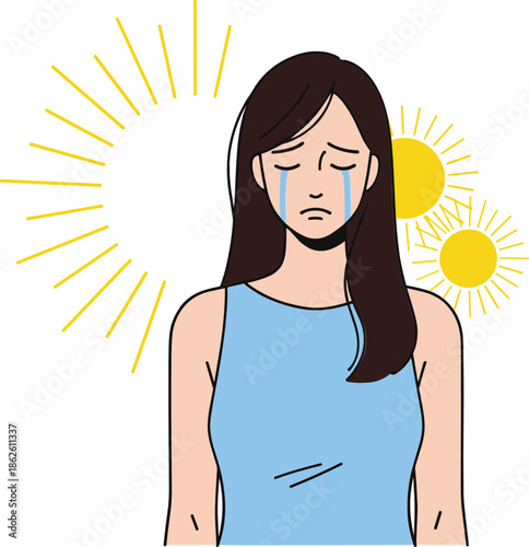 Heat exhaustion symptoms cartoon vector illustration with sweating tired woman and strong summer sun