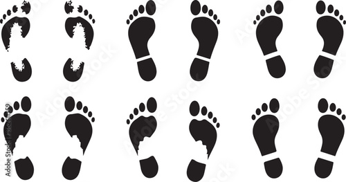 A collection of black footprints on a white background