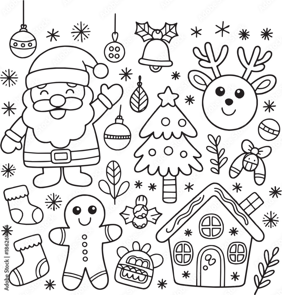 Fototapeta premium Christmas doodle icon set. Winter holiday elements, gifts and ornaments in hand drawn style. Vector illustration.