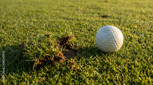 A golf ball rests on green grass next to a divot