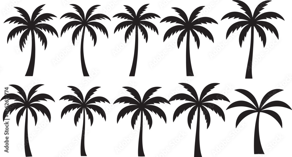 Fototapeta premium Set of black palm tree silhouettes on white background