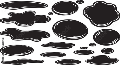 A black and white illustration of various oil droplets