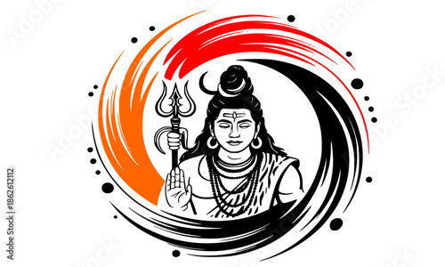 Optimized Adobe Stock Title (approx. 200 characters):
Lord Shiva Portrait with Trishul in Circular Brush Stroke Frame, Serene Hindu God Mahadev with Crescent Moon Snake and Saffron Red Black Design