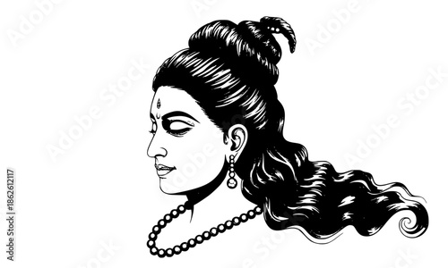 Lord Shiva Side Profile Portrait Illustration, Serene Black and White Line Art of Mahadev with Long Hair Crescent Moon Necklace and Tilak, Minimalist Hindu God Vector for Spiritual 