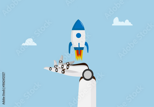 Artificial Intelligence Business Innovation with Robot Hand Launching Rocket
