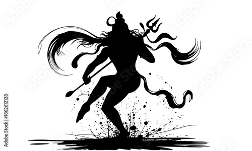 Lord Shiva Nataraja Cosmic Dance Silhouette Illustration, Dynamic Black Ink Style Tandava Pose with Damaru Trishul Flame Crescent Moon and Flowing Hair, Powerful Hindu God Vector Art for Spiritual