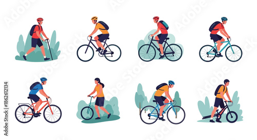 Diverse people enjoying outdoor activities cycling walking and hiking scenes