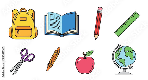 School supplies illustration featuring backpack books pencil and other education items