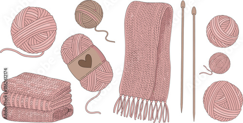 Knitting and crochet supplies vector illustration set with yarn balls needles scarf and cozy handmade items