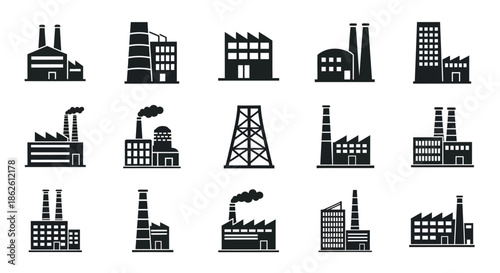 Collection of industrial buildings and factory silhouettes in a black and white style